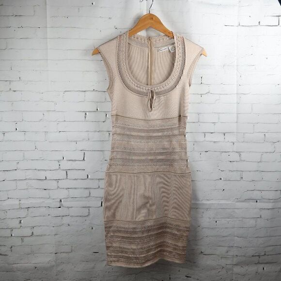 AZZEDINE ALAIA ICONIC VINTAGE SEMI SHEER CROCHET KNIT NEUTRAL DRESS SIZE SMALL - Picture 1 of 11